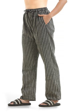 HALLUCINATION® Pure Cotton Striped Palazzo Pants for Women – Handloom | Loose Fit | Free Size Waist 28"–34" | Office, Lounge, Casual & Formal Pyjama Style | Black