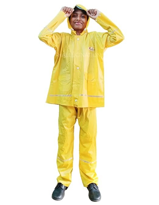 Buy HALLUCINATION® rain coat for kids boys & girls online. Waterproof jacket + pant set with backpack cover & reflector strips. Soft PVC, safe, durable, perfect for school & outdoor play.